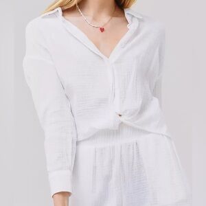 Monrow White Relaxed Cotton Gauze Long Sleeve Knot Front Blouse Top Shirt